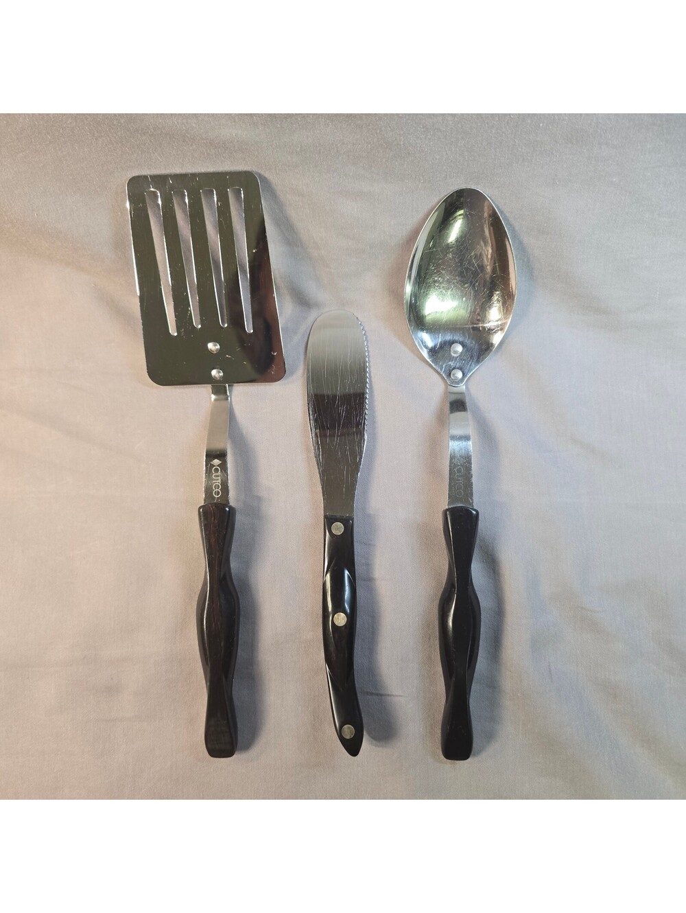 VTG CUTCO 3pc Utensil Set Brown Spatula Spreader Spoon Lot 1716 1768 1717